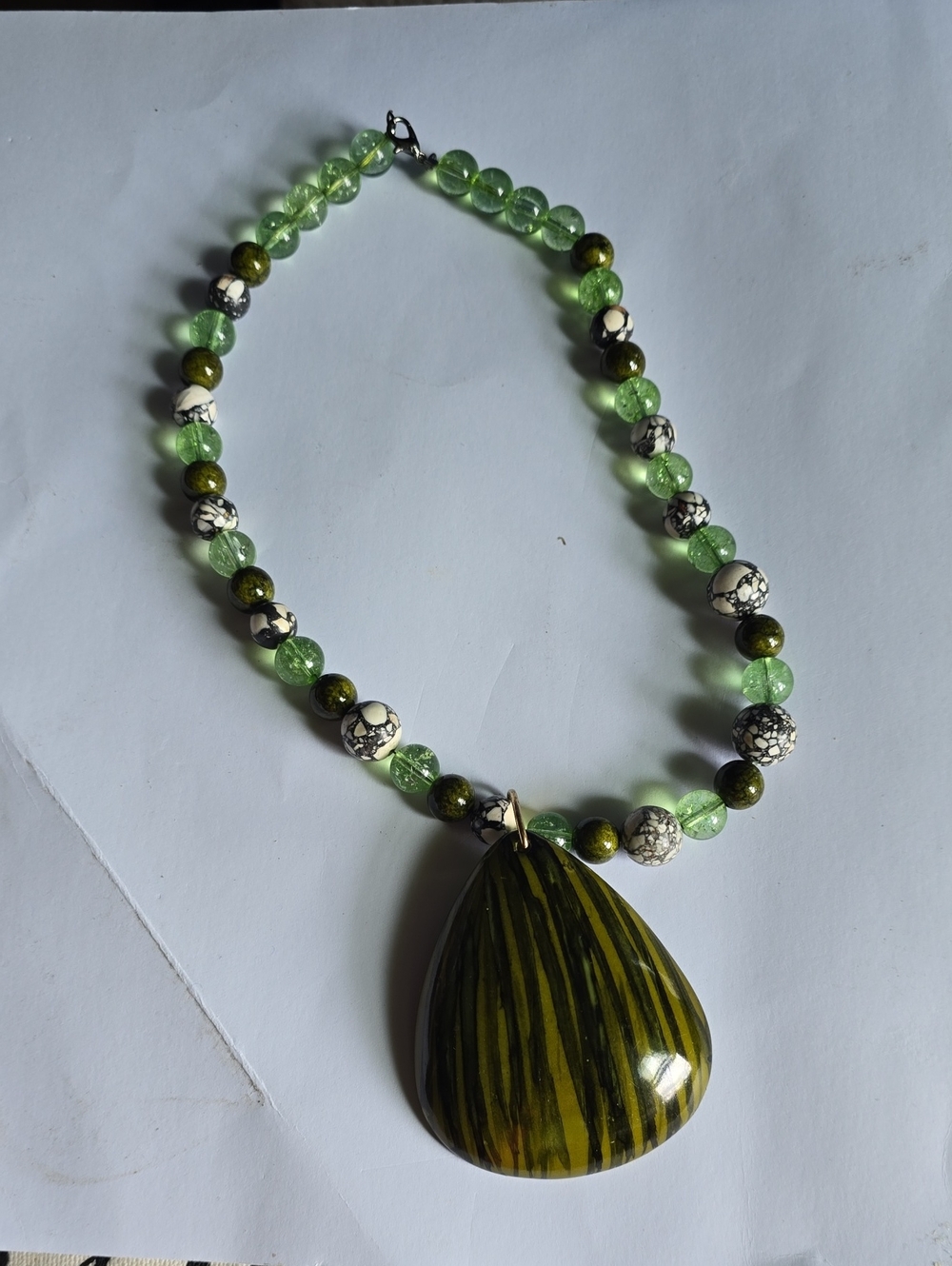 Olive Green Striped Teardrop Pendant Necklace - Unbranded